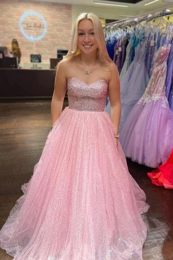 Sparkly Tulle Pink A-line Strapless Long Prom Dresses, Evening Dresses, MP818 Sparkly Tulle Pink A-line Strapless Long Prom Dresses, Evening Dresses, MP818