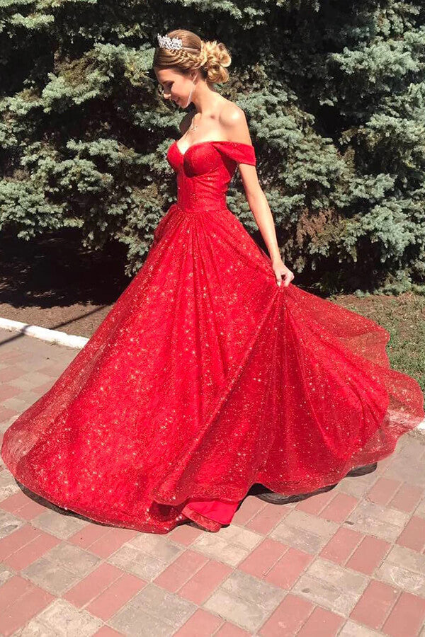 Sparkly Tulle Red A-line Off Shoulder Prom Dresses MP761 | Musebridals Sparkly Tulle Red A-line Off Shoulder Prom Dresses MP761 | Musebridals