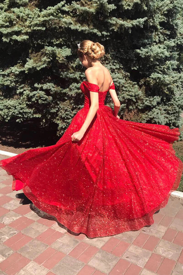 Sparkly Tulle Red A-line Off Shoulder Long Prom Dresses, Evening Dresses, MP761 | a line prom dresses | long formal dresses | evening gowns | musebridals.com