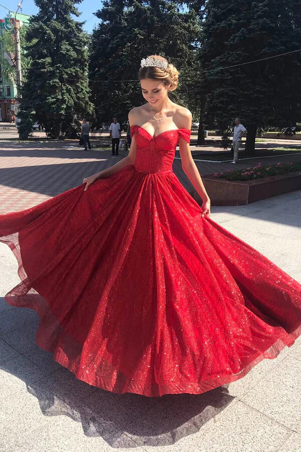 Sparkly Tulle Red A-line Off Shoulder Long Prom Dresses, Evening Dresses, MP761