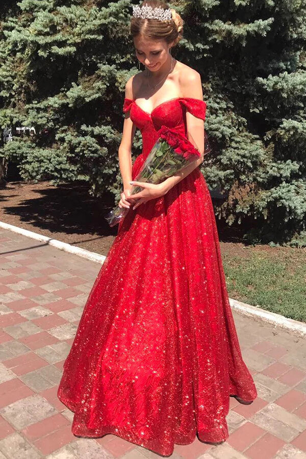 Sparkly Tulle Red A-line Off Shoulder Long Prom Dresses, Evening Dresses, MP761 Sparkly Tulle Red A-line Off Shoulder Long Prom Dresses, Evening Dresses, MP761