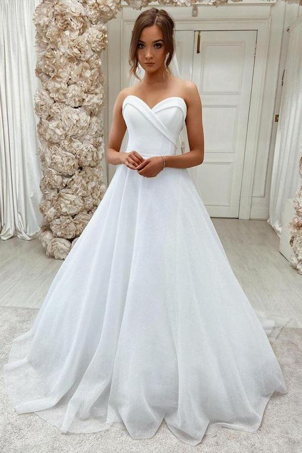 Sparkly White Tulle Lace A-line Sweetheart Sweep Train Wedding Dresses,  MW613