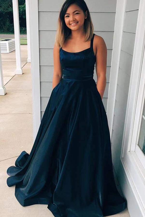 Taffeta A-line Scoop Spaghetti Straps Long Prom Dresses With Pockets, MP708 | a line prom dresses | blue prom dresses | cheap prom dresses | musebridals.com