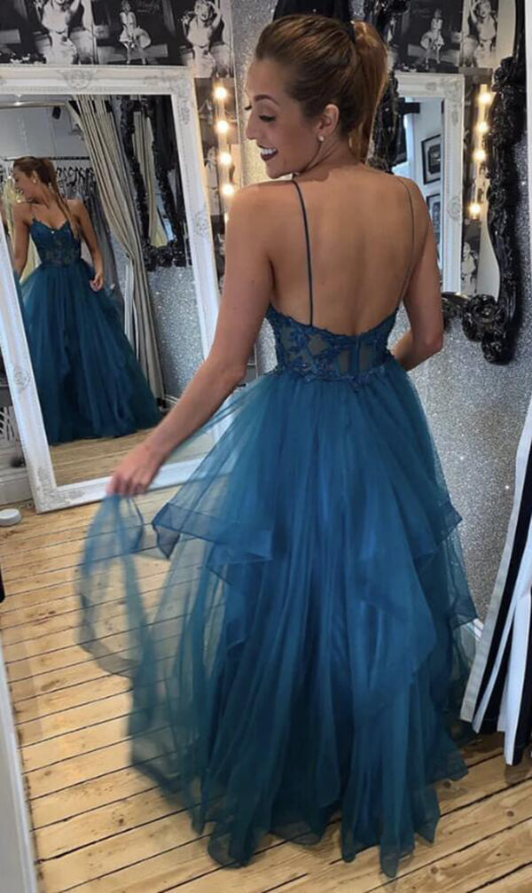 Tulle A-line V-neck Spaghetti Straps Prom Dresses MP714 Musebridals
