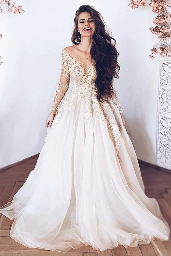 Tulle A-Line Long Sleeves Lace Appliques Wedding Dresses, Bridal Gown, MW822 Tulle A-Line Long Sleeves Lace Appliques Wedding Dresses, Bridal Gown, MW822