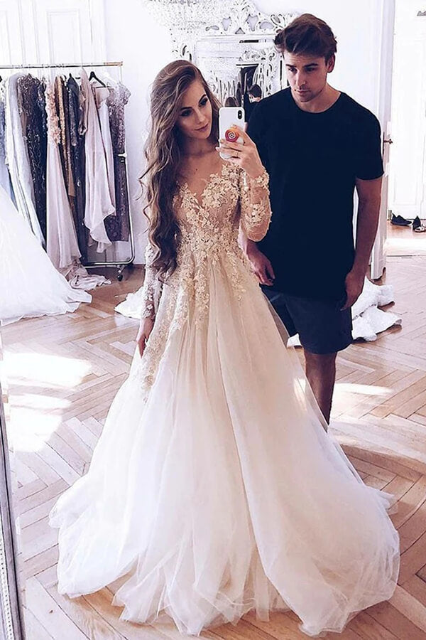 Tulle A-Line Long Sleeves Lace Appliques Wedding Dresses, Bridal Gown, MW822 Tulle A-Line Long Sleeves Lace Appliques Wedding Dresses, Bridal Gown, MW822