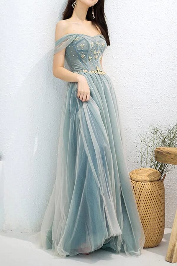 Tulle A-Line Off-the-Shoulder Beaded Prom Dresses MP679 | Musebridals Tulle A-Line Off-the-Shoulder Beaded Prom Dresses MP679 | Musebridals
