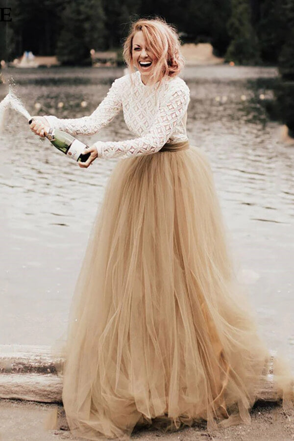 Tulle A-Line Two Pieces Long Sleeves Backless Wedding Dresses, MW530 Tulle A-Line Two Pieces Long Sleeves Backless Wedding Dresses, MW530