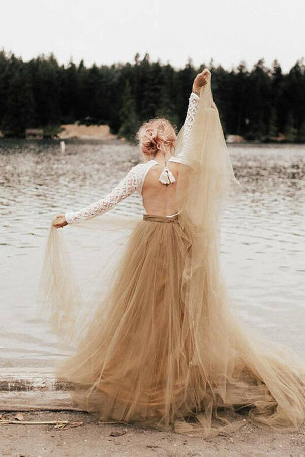 Tulle A-Line Two Pieces Long Sleeves Backless Wedding Dresses, MW530 Tulle A-Line Two Pieces Long Sleeves Backless Wedding Dresses, MW530