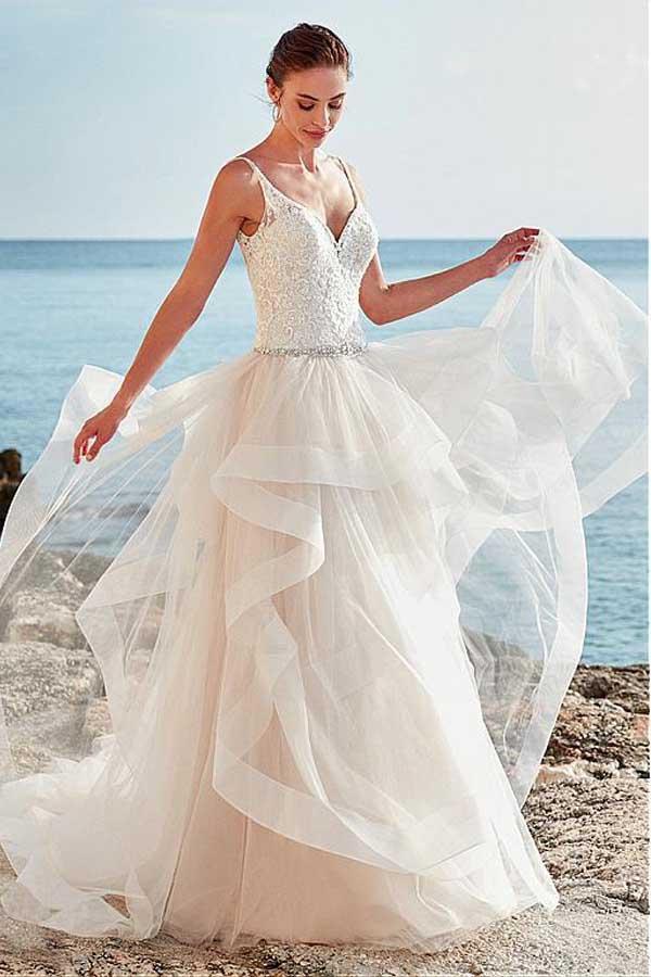 Tulle A-line Beaded Spaghetti Straps Wedding Dress MW734 | Musebridals Tulle A-line Beaded Spaghetti Straps Wedding Dress MW734 | Musebridals