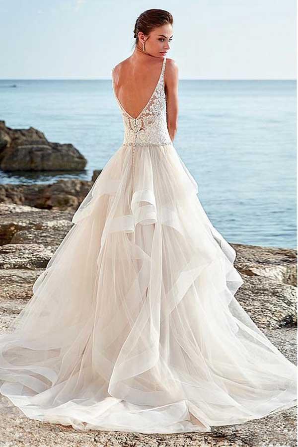 Tulle A-line Beaded Spaghetti Straps Backless Wedding Dress, Bridal Gown, MW734