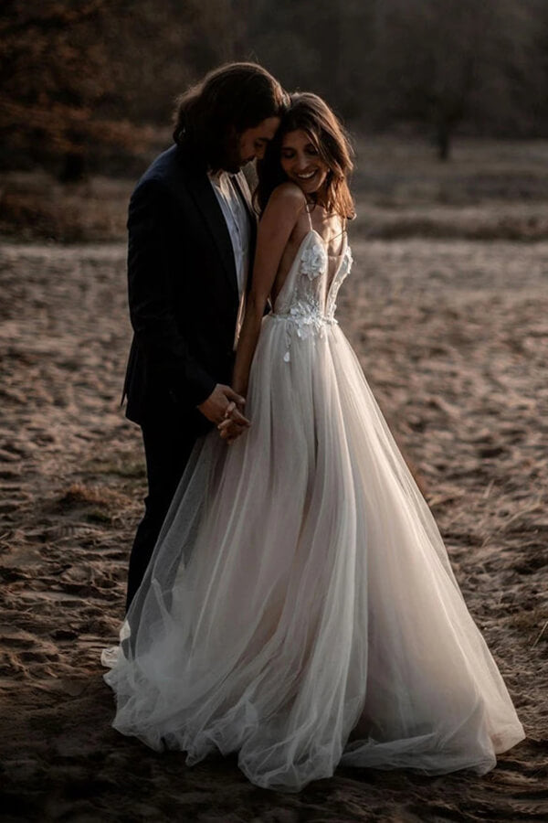 Tulle A-line Deep V-neck Backless Spaghetti Straps Wedding Dresses, MW678 Tulle A-line Deep V-neck Backless Spaghetti Straps Wedding Dresses, MW678