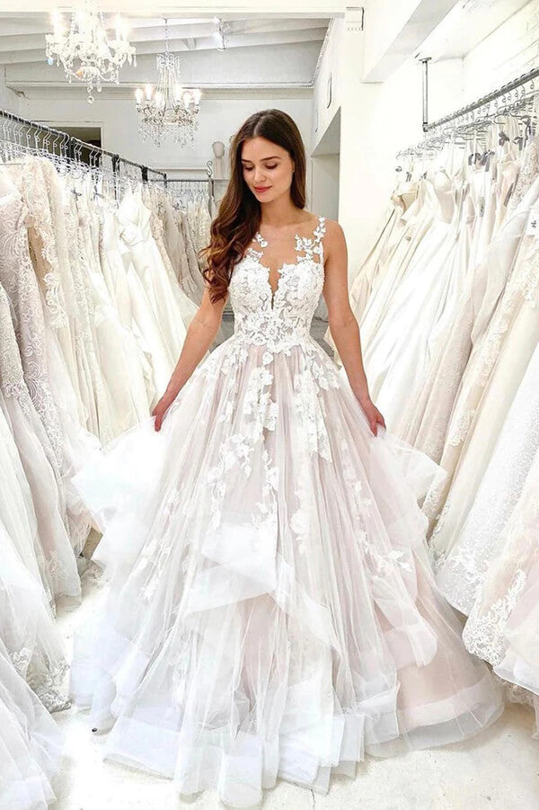 Tulle A-line Illusion Sleeveless Lace Appliques Wedding Dresses With Train, MW803 Tulle A-line Illusion Sleeveless Lace Appliques Wedding Dresses With Train, MW803