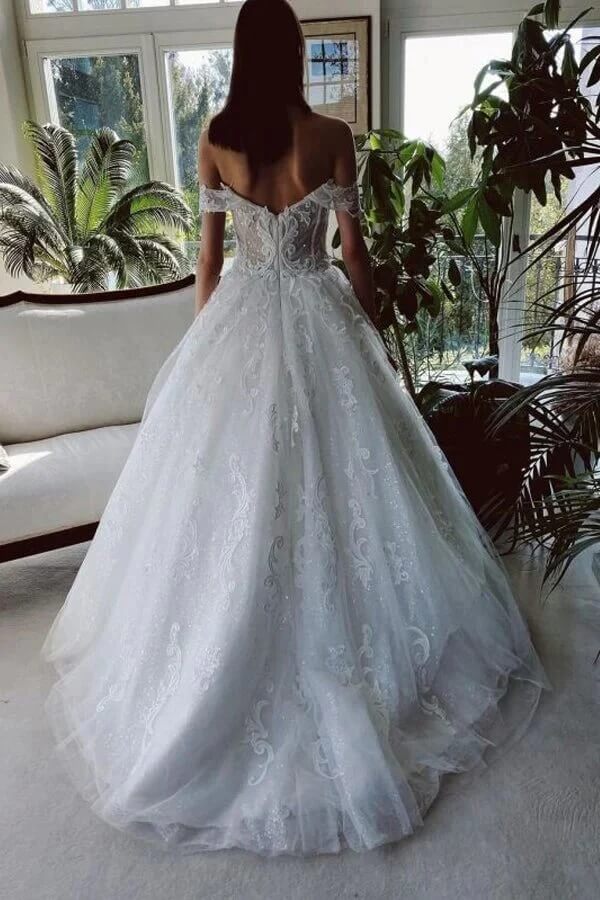 lace shoulder straps wedding dress 66193: Floral Lace Bridal Dress with Detachable Off the Shoulder Straps