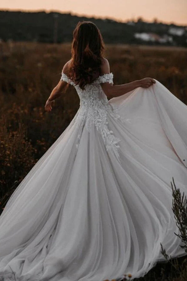 Tulle A-line Off-the-Shoulder Wedding Dresses With Lace Appliques, MW833 Tulle A-line Off-the-Shoulder Wedding Dresses With Lace Appliques, MW833
