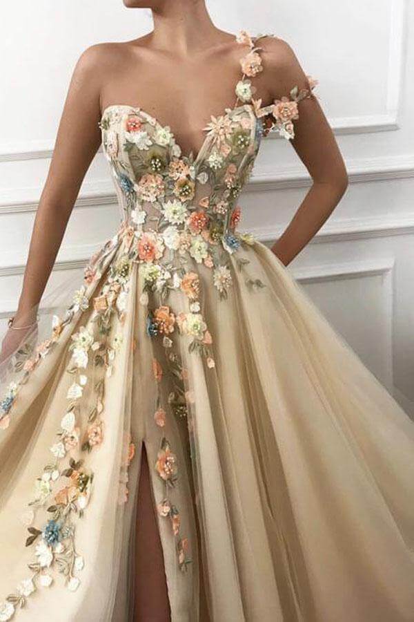 Tulle A-line One Shoulder 3D Flowers Prom Dresses MP637 | Musebridals Tulle A-line One Shoulder 3D Flowers Prom Dresses MP637 | Musebridals