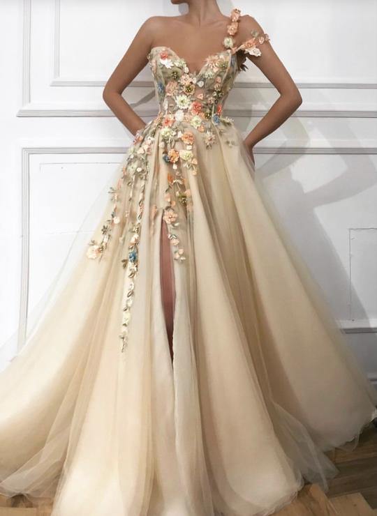 Tulle A-line One Shoulder 3D Flowers Prom Dresses MP637 | Musebridals Tulle A-line One Shoulder 3D Flowers Prom Dresses MP637 | Musebridals