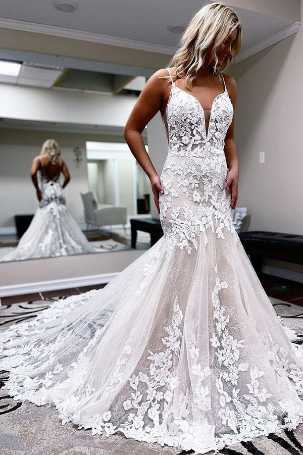 Tulle A-line Spaghetti Straps Mermaid Wedding Dress With Lace Appliques, MW660 Tulle A-line Spaghetti Straps Mermaid Wedding Dress With Lace Appliques, MW660