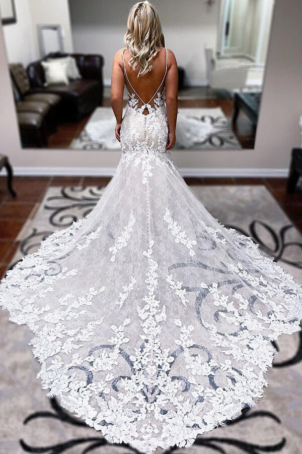 a line vs mermaid wedding dress Tulle A-line Spaghetti Straps Mermaid Wedding Dress With Lace Appliques,  MW660