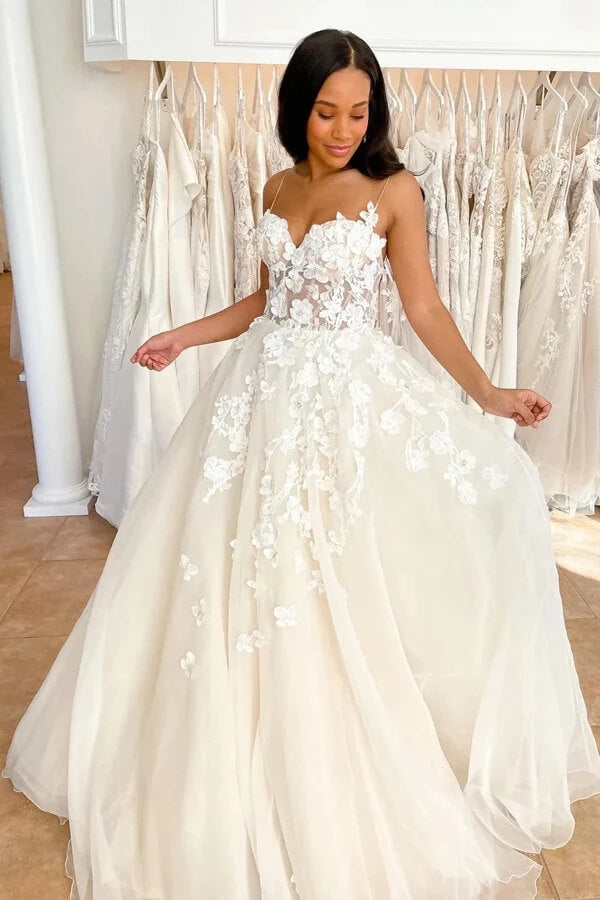 Tulle A-line Spaghetti Straps Lace Wedding Dress MW767 | Musebridals Tulle A-line Spaghetti Straps Lace Wedding Dress MW767 | Musebridals