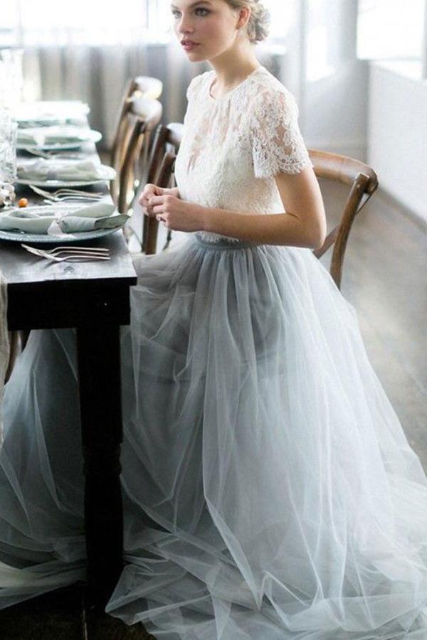 Tulle A-line Two Piece Short Sleeves Wedding Dress With Sweep Train, MW540 Tulle A-line Two Piece Short Sleeves Wedding Dress With Sweep Train, MW540