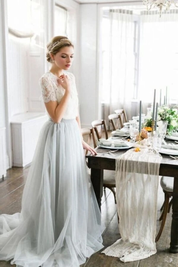 Tulle A-line Two Piece Short Sleeve Wedding Dress, MW540