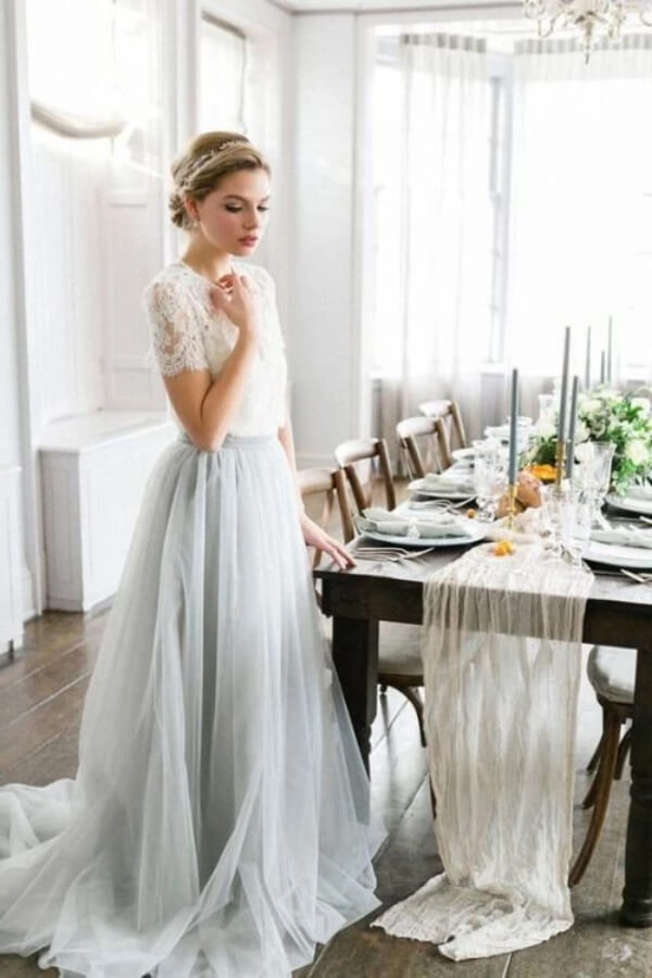 Tulle A-line Two Piece Short Sleeves Wedding Dress With Sweep Train, MW540 Tulle A-line Two Piece Short Sleeves Wedding Dress With Sweep Train, MW540