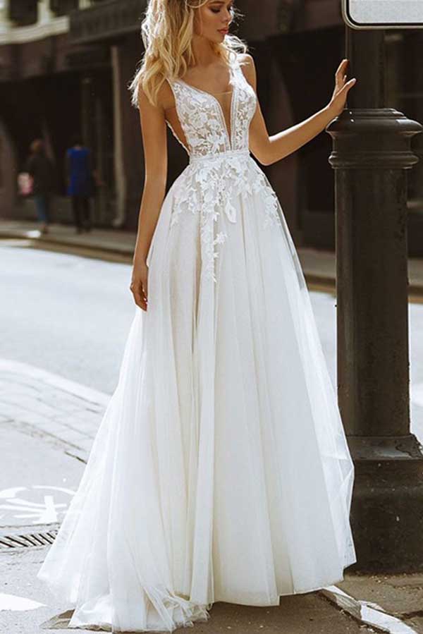 Tulle A-line V-neck Backless Lace Appliques Wedding Dresses, Wedding Gown, MW791 Tulle A-line V-neck Backless Lace Appliques Wedding Dresses, Wedding Gown, MW791