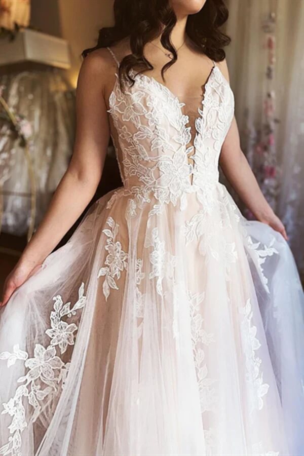 v neck a line organza wedding dress HAPPY Long Puffy Sleeve illusion plunge v-neck A-line Lace Organza Wedding Dress