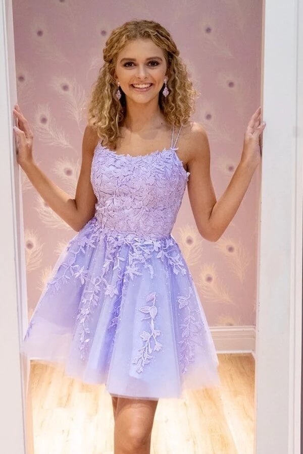 Lavender A-line Tulle Lace Appliques Homecoming Dresses, Short Prom Dress, MH564