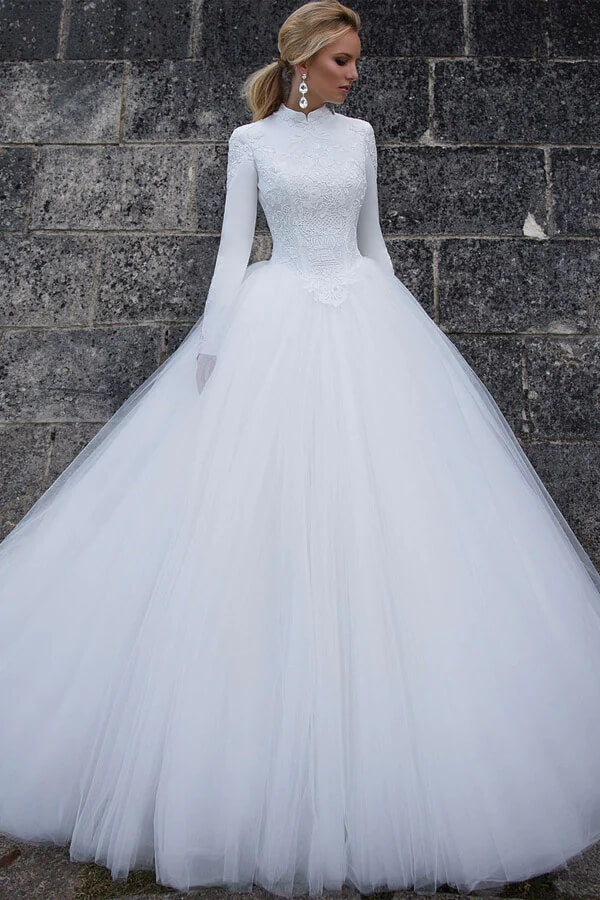 Ball Gown High Collar Long Sleeves Wedding Dresses MW789 | Musebridals Ball Gown High Collar Long Sleeves Wedding Dresses MW789 | Musebridals