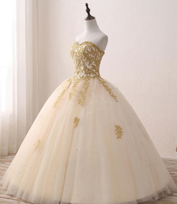 Tulle Ball Gown Prom Dresses With Gold Appliques MP759 | Musebridals Tulle Ball Gown Prom Dresses With Gold Appliques MP759 | Musebridals