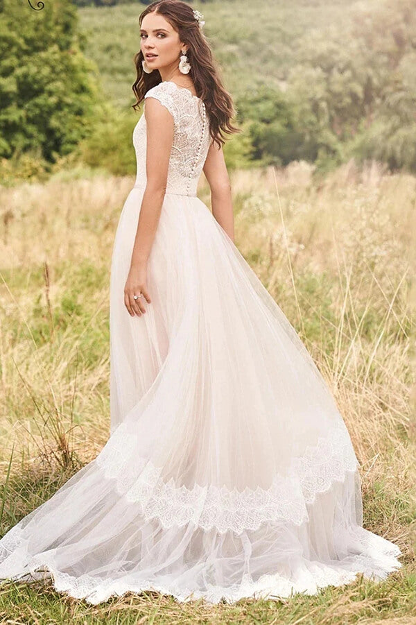 Tulle Lace A-line V-neck Cap Sleeves Rustic Wedding Dresses, Bridal Gown,  MW751