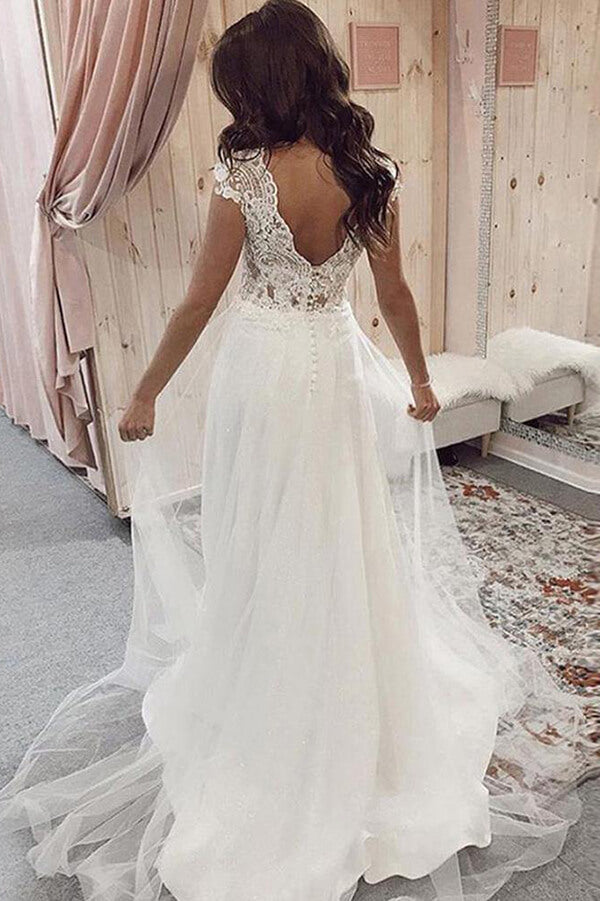 Open Back Wedding Dresses,V-neck Cap Sleeves Sweep Train Bridal