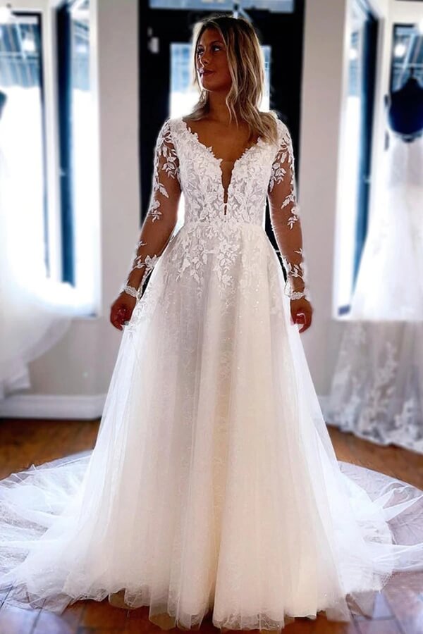 Elegant O-Neck Lace A-Line Boho Long Sleeves Wedding Dress Ivory / 6