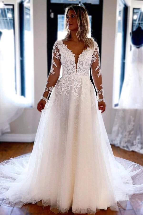 Tulle Lace A-line V-neck Long Sleeves Wedding Dresses, Wedding Gown, MW717