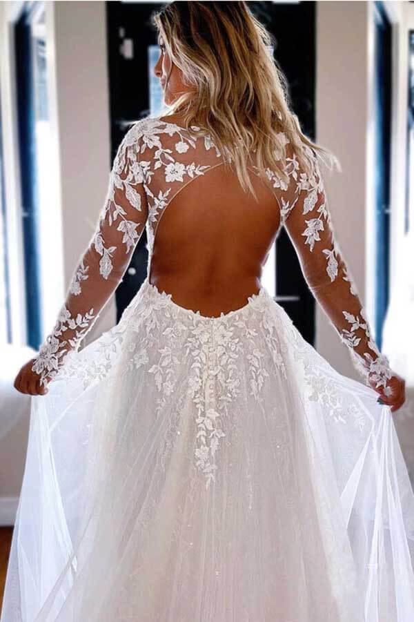 Lace A-line V-neck Long Sleeves Wedding Dresses MW717