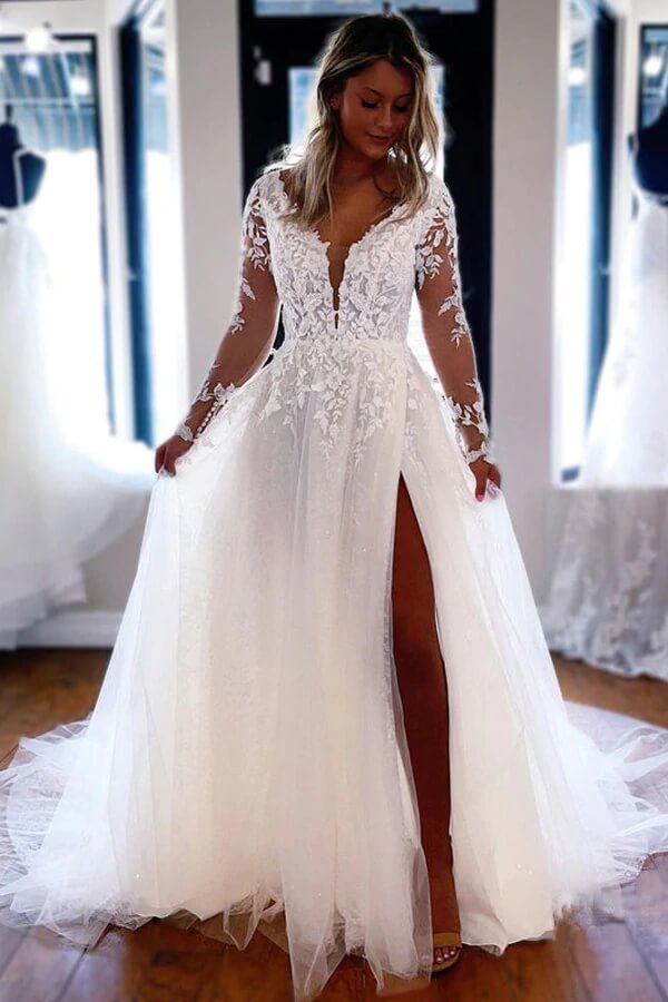 Tulle Lace A-line V-neck Long Sleeves Wedding Dresses, Wedding Gown, MW717