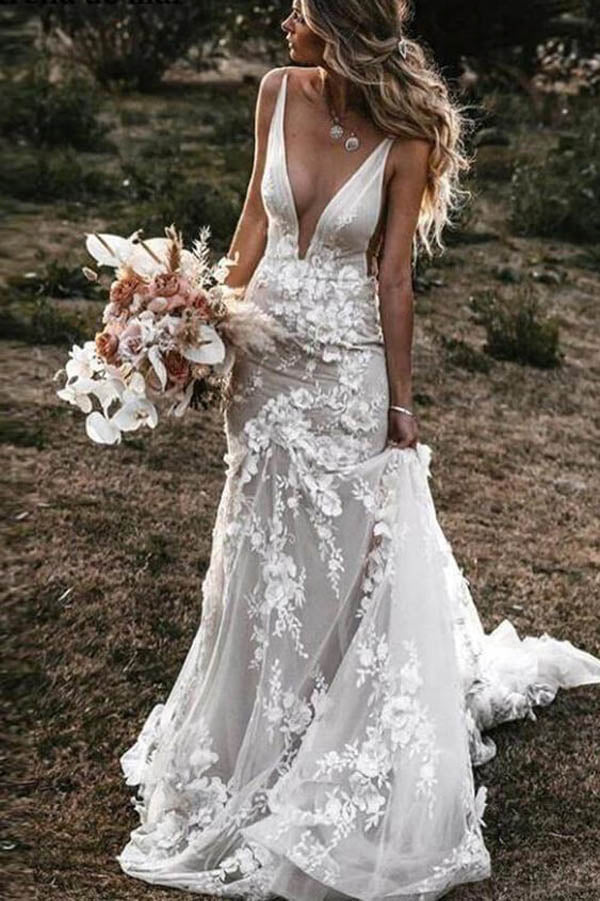 Tulle Lace Mermaid V Neck Wedding Dresses, Beach Wedding Dress, MW543