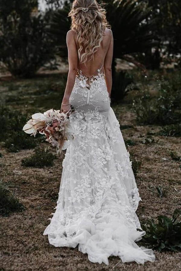 Tulle Lace Mermaid V Neck Wedding Dresses Beach Wedding Dress MW543