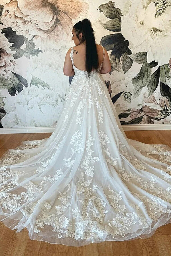 Tulle Lace Plus Size A line V neck Backless Wedding Dresses Bridal Gowns MW752