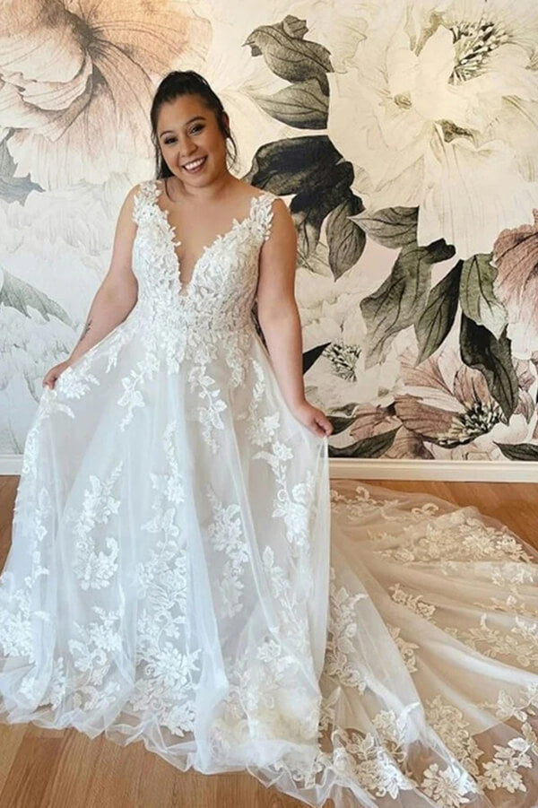 Tulle Lace Plus Size A line V neck Backless Wedding Dresses Bridal Gowns MW752