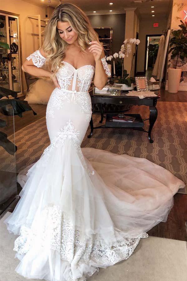 Tulle Mermaid Sweetheart Lace Appliques Wedding Dresses, Bridal Gown, MW744 Tulle Mermaid Sweetheart Lace Appliques Wedding Dresses, Bridal Gown, MW744
