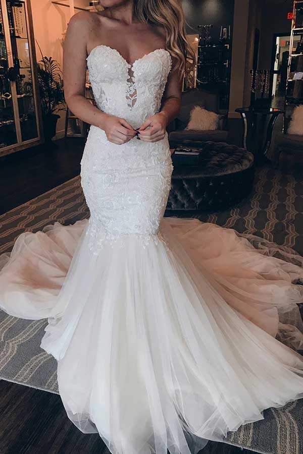 Tulle Mermaid Sweetheart Strapless Lace Wedding Dresses, Wedding Gown, MW798 Tulle Mermaid Sweetheart Strapless Lace Wedding Dresses, Wedding Gown, MW798