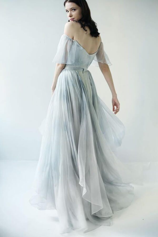 Grey Blue Chiffon Off Shoulder Wedding Dresses, MW592