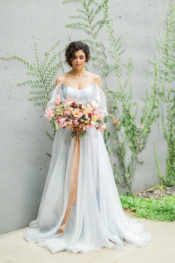 Unique Grey Chiffon A-line Off Shoulder Wedding Dress, Wedding Gown, MW712 Unique Grey Chiffon A-line Off Shoulder Wedding Dress, Wedding Gown, MW712