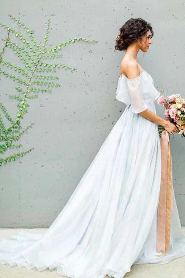 Grey Chiffon A-line Off Shoulder Wedding Dress MW712 | Musebridals Grey Chiffon A-line Off Shoulder Wedding Dress MW712 | Musebridals