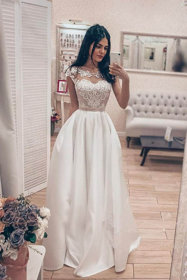 Vintage A-line Satin Lace Bodice Bateau Neck Corset Back Wedding Dresses, MW747 Vintage A-line Satin Lace Bodice Bateau Neck Corset Back Wedding Dresses, MW747