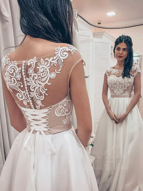 Vintage A-line Satin Lace Bodice Bateau Neck Corset Back Wedding Dresses, MW747 Vintage A-line Satin Lace Bodice Bateau Neck Corset Back Wedding Dresses, MW747