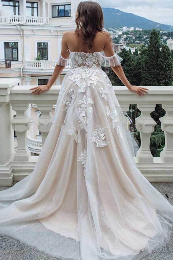 Vintage Lace A line Sweetheart Off the Shoulder Beach Wedding Dresses MW735